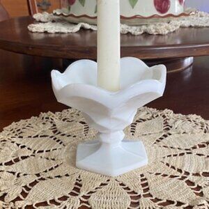 Vintage WHITE Faceted MILK GLASS CANDLESTICK /candy dish HEXAGON ~Scalloped edge